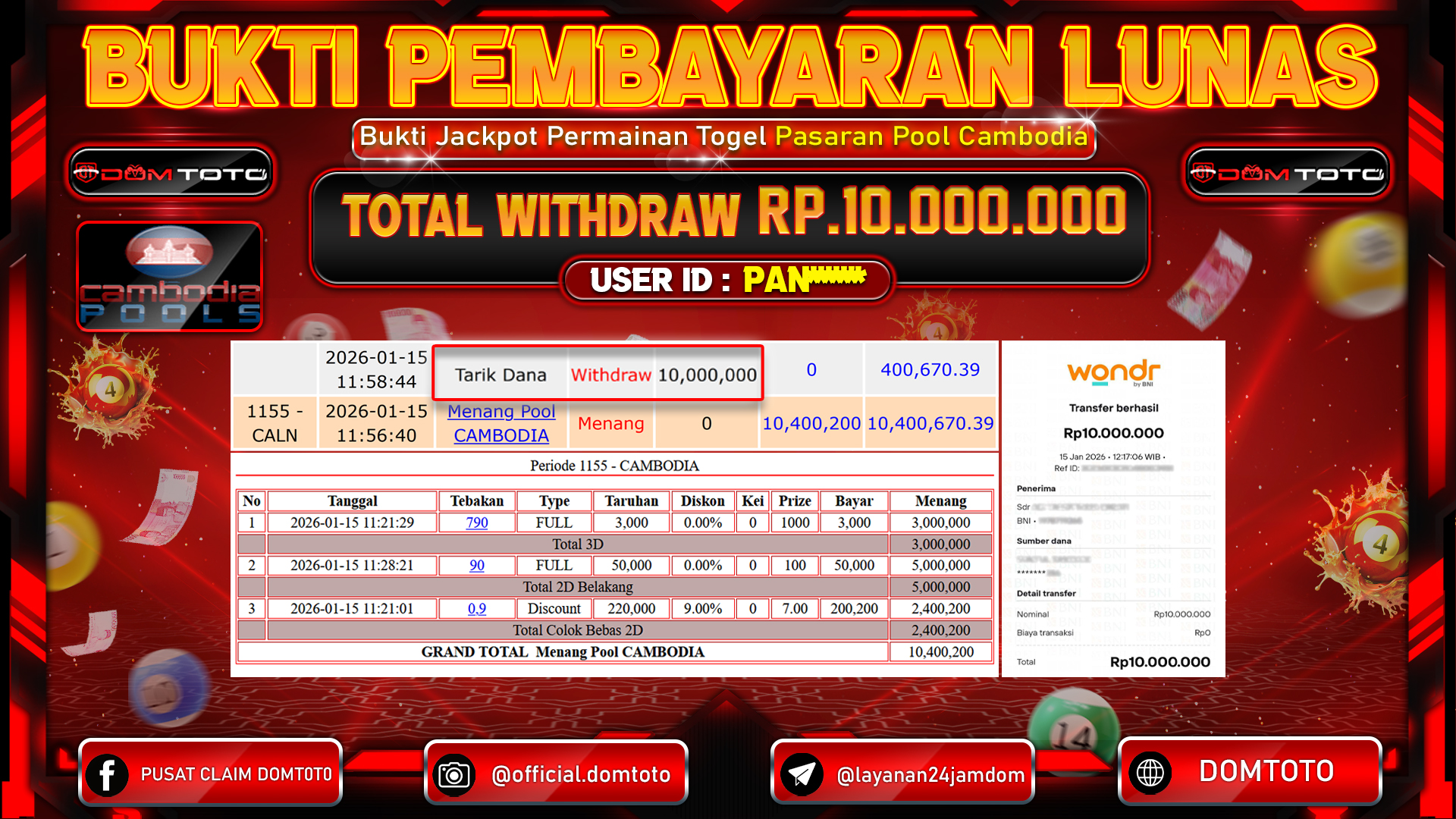 JACKPOT Togel Menang Pool CAMBODIA  15 JANUARI 2026